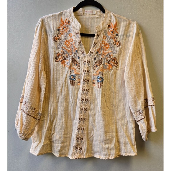 Solitaire Tops - Solitaire S Cream Beige Cotton Embroidered Blouse‎ Puff Sleeves Floral Details